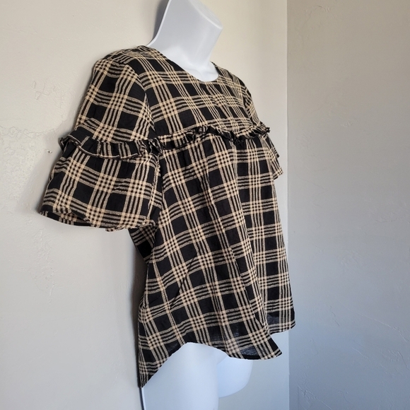 Madewell Black Tan Cream Plaid Short Sleeve Blouse Ruffle Trim Small Holiday Top - Picture 3 of 6
